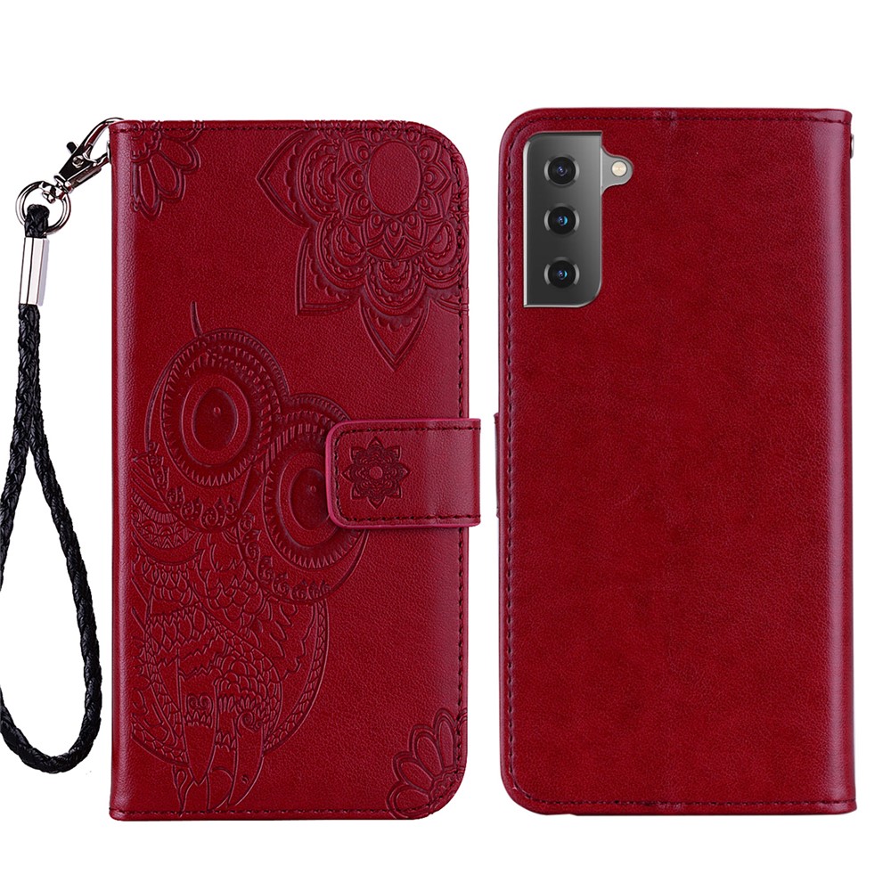 Imprint Owl Flower Leather Wallet Stand Phone Case for Samsung Galaxy S21 FE - Red-1