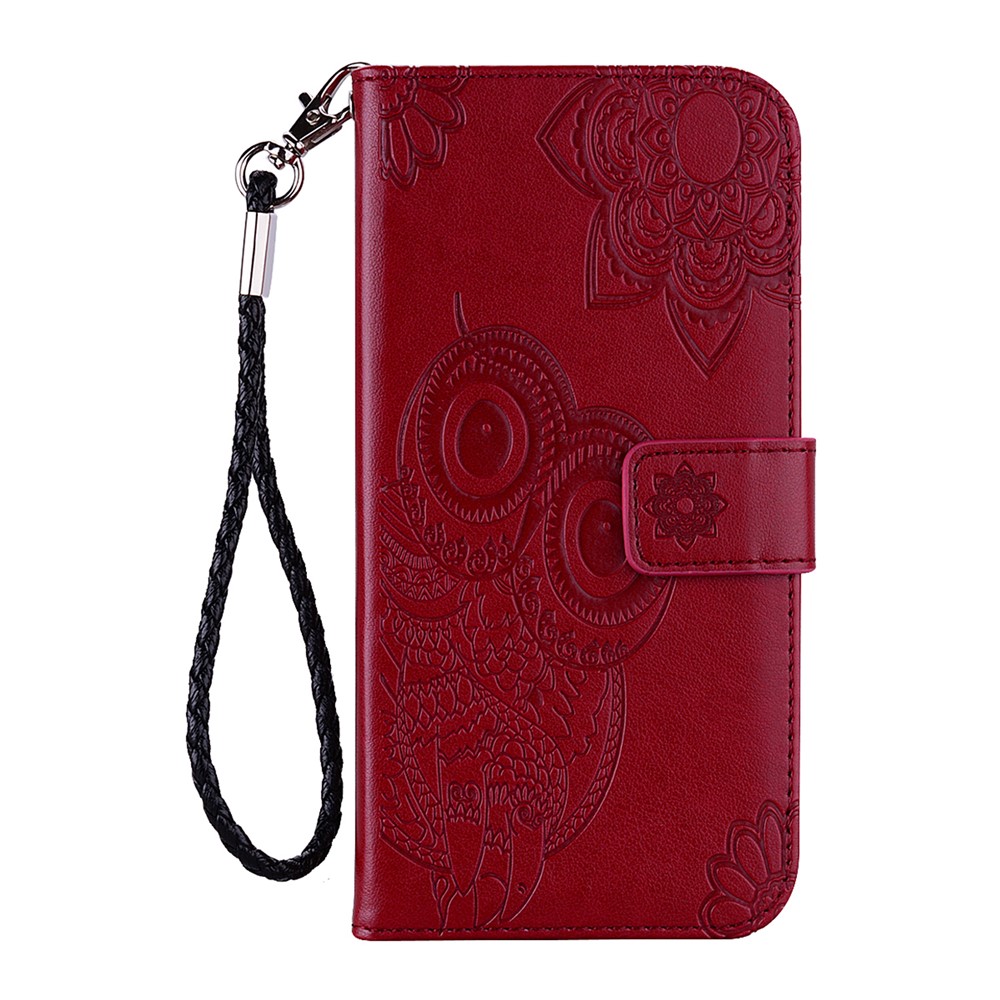 Imprint Owl Flower Leather Wallet Stand Phone Case for Samsung Galaxy S21 FE - Red-2