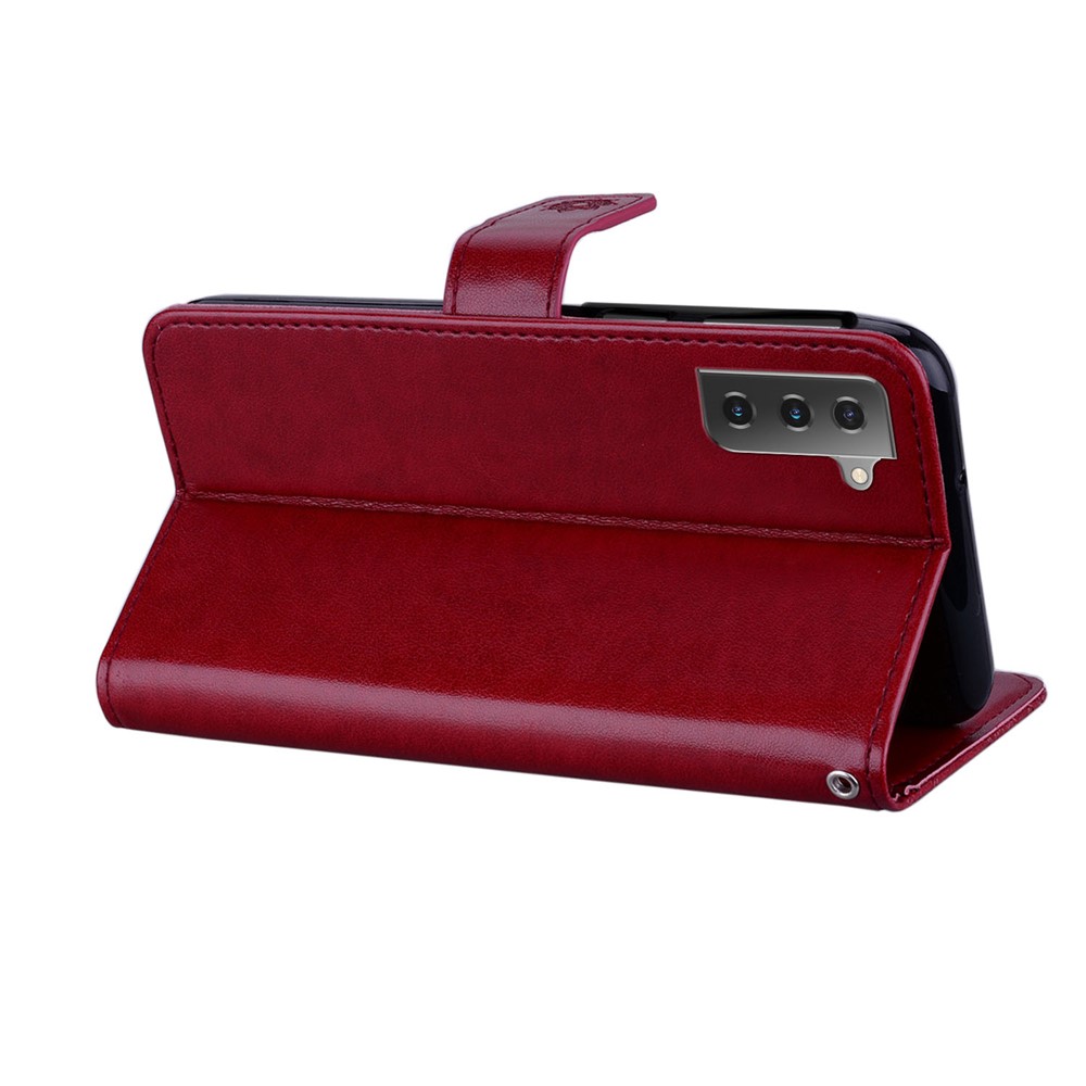 Imprint Owl Flower Leather Wallet Stand Phone Case for Samsung Galaxy S21 FE - Red-4