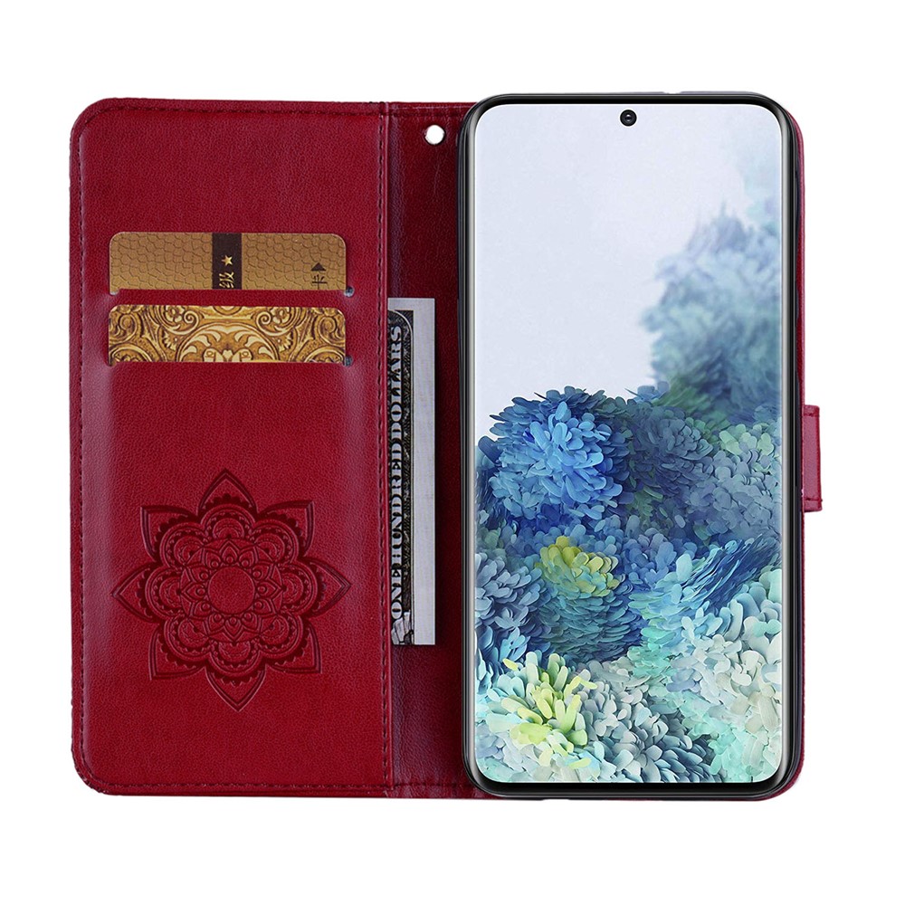 Imprint Owl Flower Leather Wallet Stand Phone Case for Samsung Galaxy S21 FE - Red-5