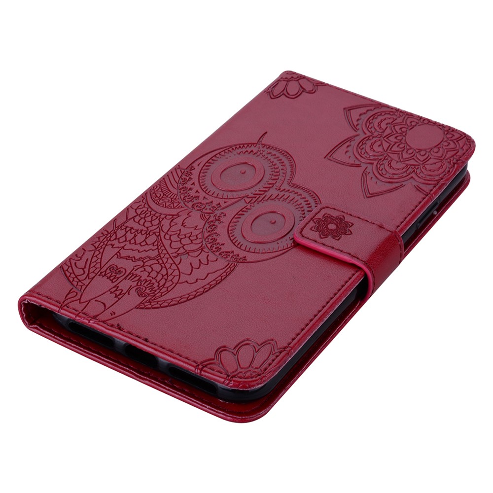 Imprint Owl Flower Leather Wallet Stand Phone Case for Samsung Galaxy S21 FE - Red-7