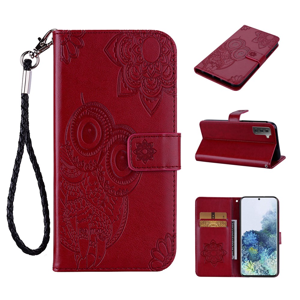 Imprint Owl Flower Leather Wallet Stand Phone Case for Samsung Galaxy S21 FE - Red-8