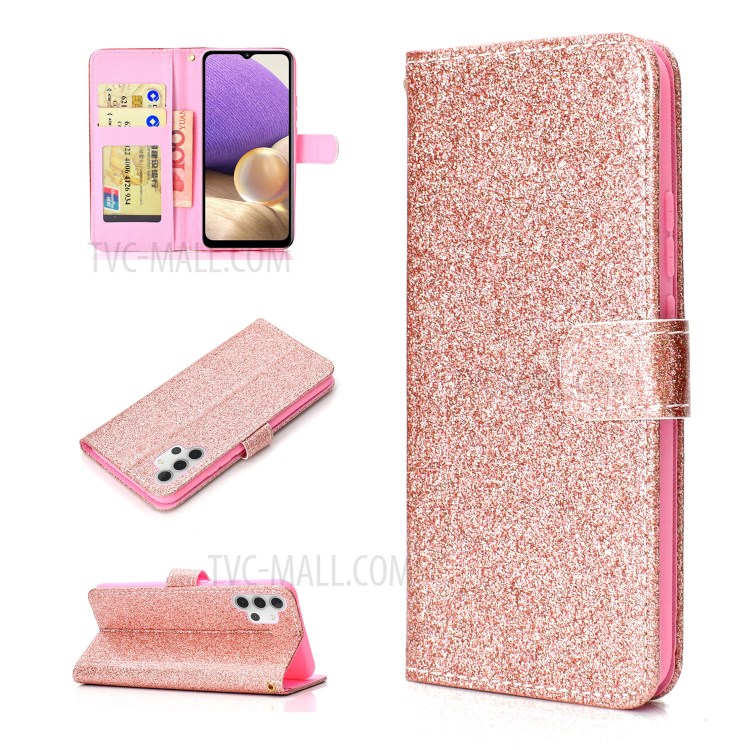Glitter Powder Design Leather Stand Case with Card Slots Shell for Samsung Galaxy A32 4G - Rose Gold-10