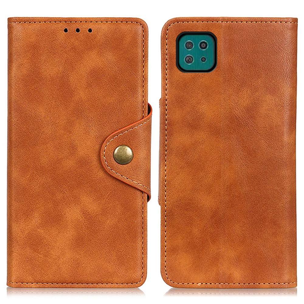 PU Leather Stand Case with Magnetic Closure Brass Buckle for Samsung Galaxy A22 5G (EU Version) Wallet Design Cover - Brown-1