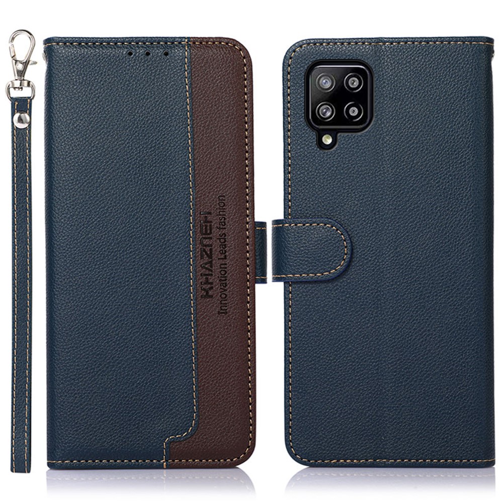 KHAZNEH Litchi Skin PU Leather RFID Blocking Anti-theft Swiping Design Wallet Phone Cover Case for Samsung Galaxy A22 4G (EU Version) - Blue-1