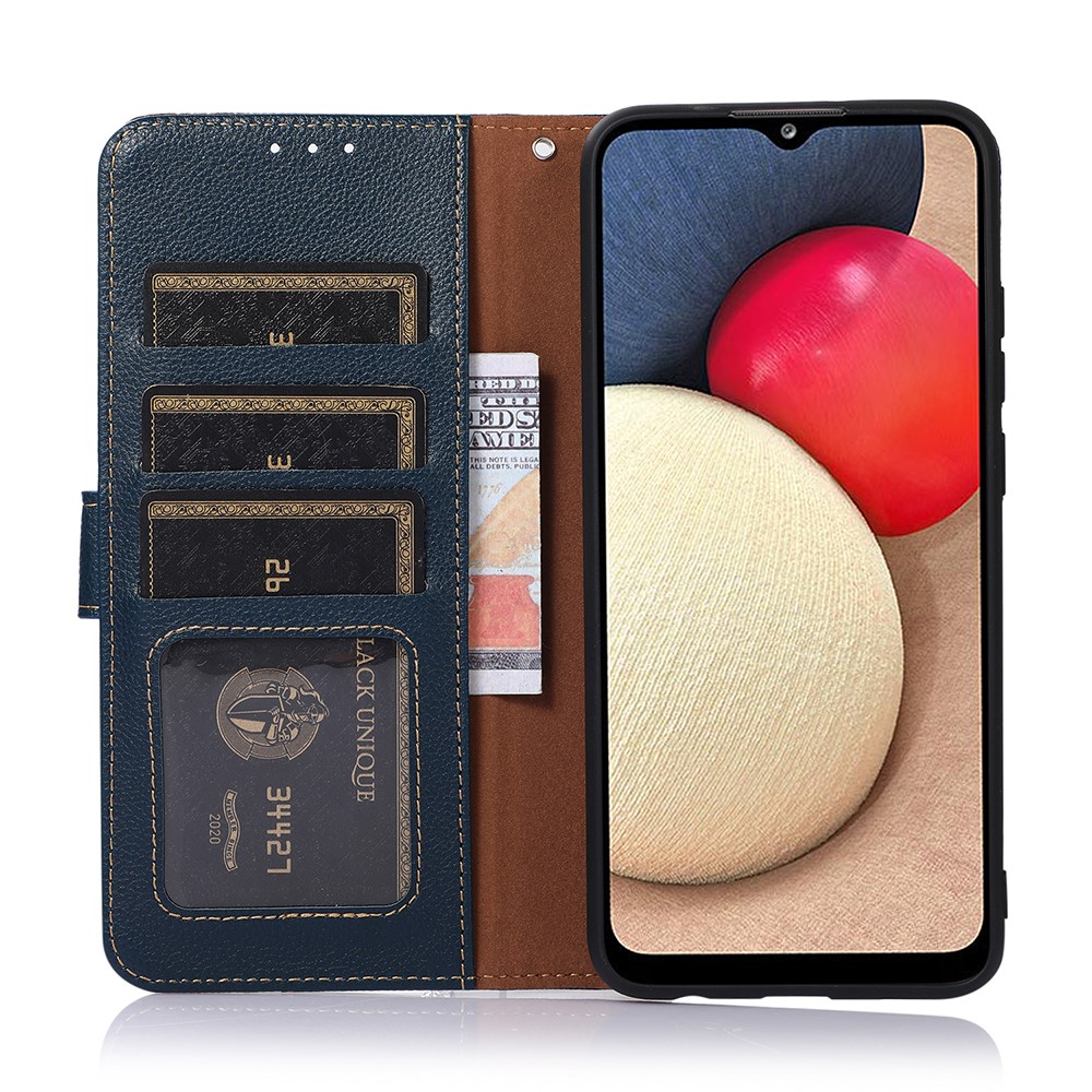 KHAZNEH Litchi Skin PU Leather RFID Blocking Anti-theft Swiping Design Wallet Phone Cover Case for Samsung Galaxy A22 4G (EU Version) - Blue-3