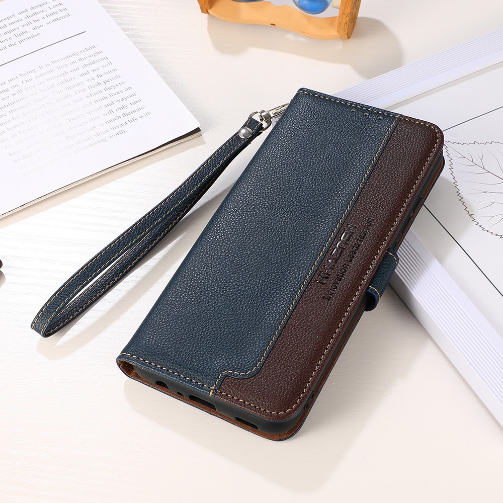 KHAZNEH Litchi Skin PU Leather RFID Blocking Anti-theft Swiping Design Wallet Phone Cover Case for Samsung Galaxy A22 4G (EU Version) - Blue-6