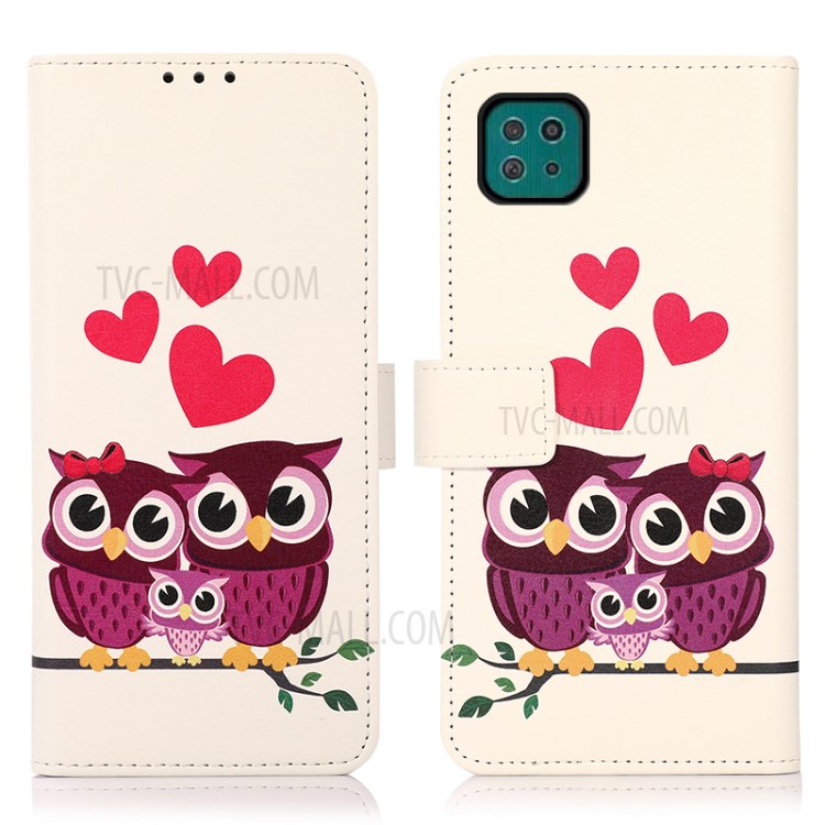 Pattern Printing PU Leather Full-Protection Wallet Stand Phone Case Shell for Samsung Galaxy A22 5G (EU Version) - Owl-1