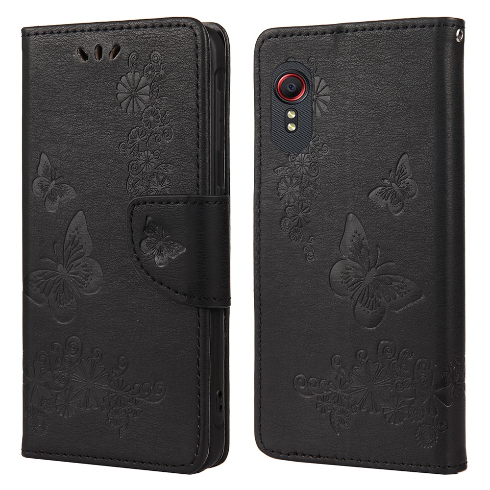 Imprint Butterfly Flower Leather Wallet Case with Stand for Samsung Galaxy Xcover 5 - Black-1