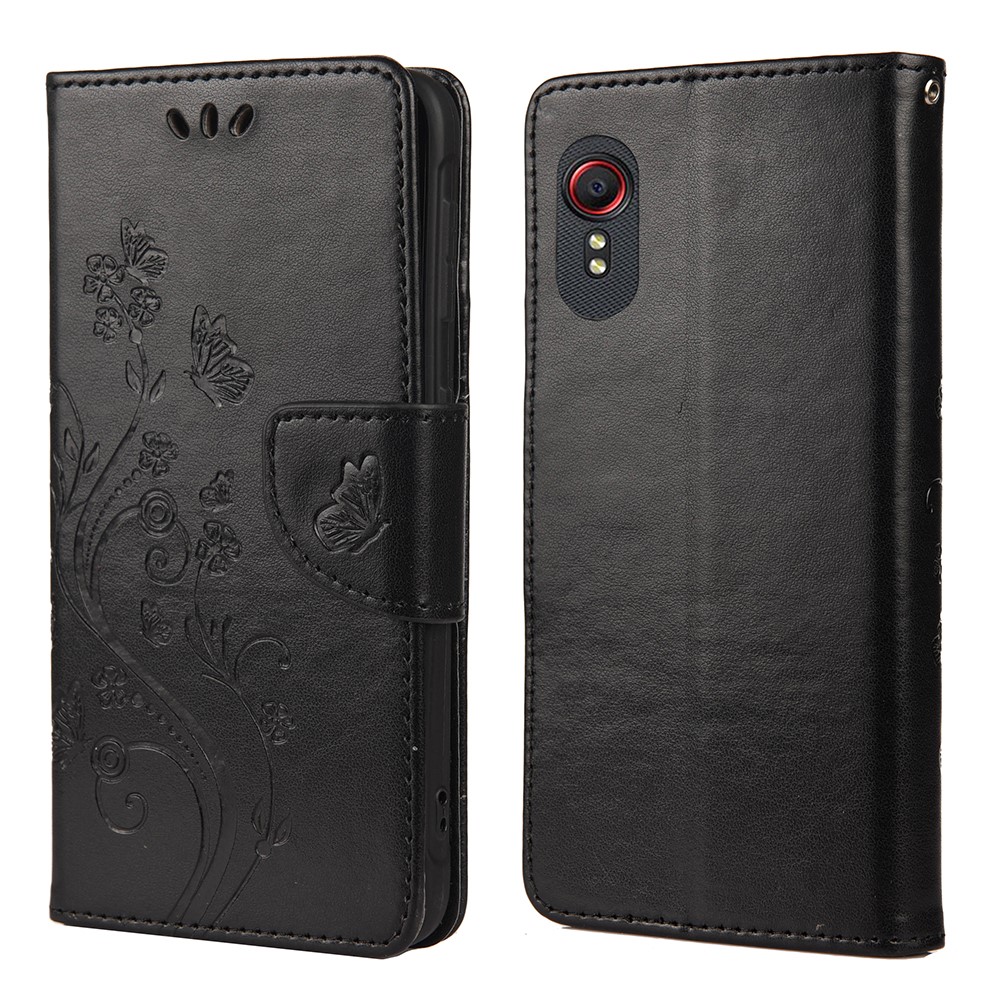 Butterflies and Flower Imprinted Leather Wallet Stand Case for Samsung Galaxy Xcover 5 - Black-1
