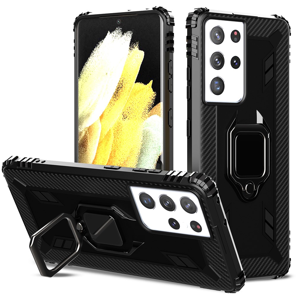 Finger Ring Kickstand TPU Phone Case Protection Cover for Samsung Galaxy S21 Ultra 5G - Black-1