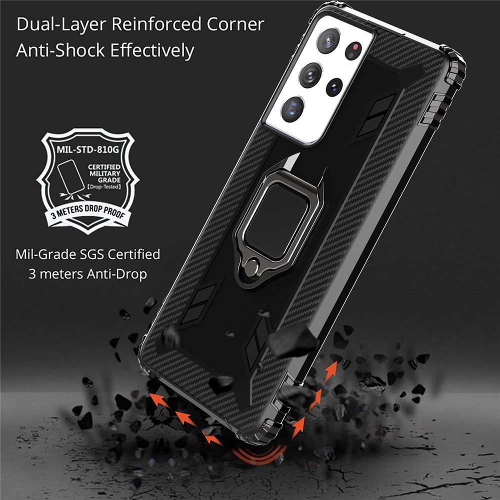 Finger Ring Kickstand TPU Phone Case Protection Cover for Samsung Galaxy S21 Ultra 5G - Black-2
