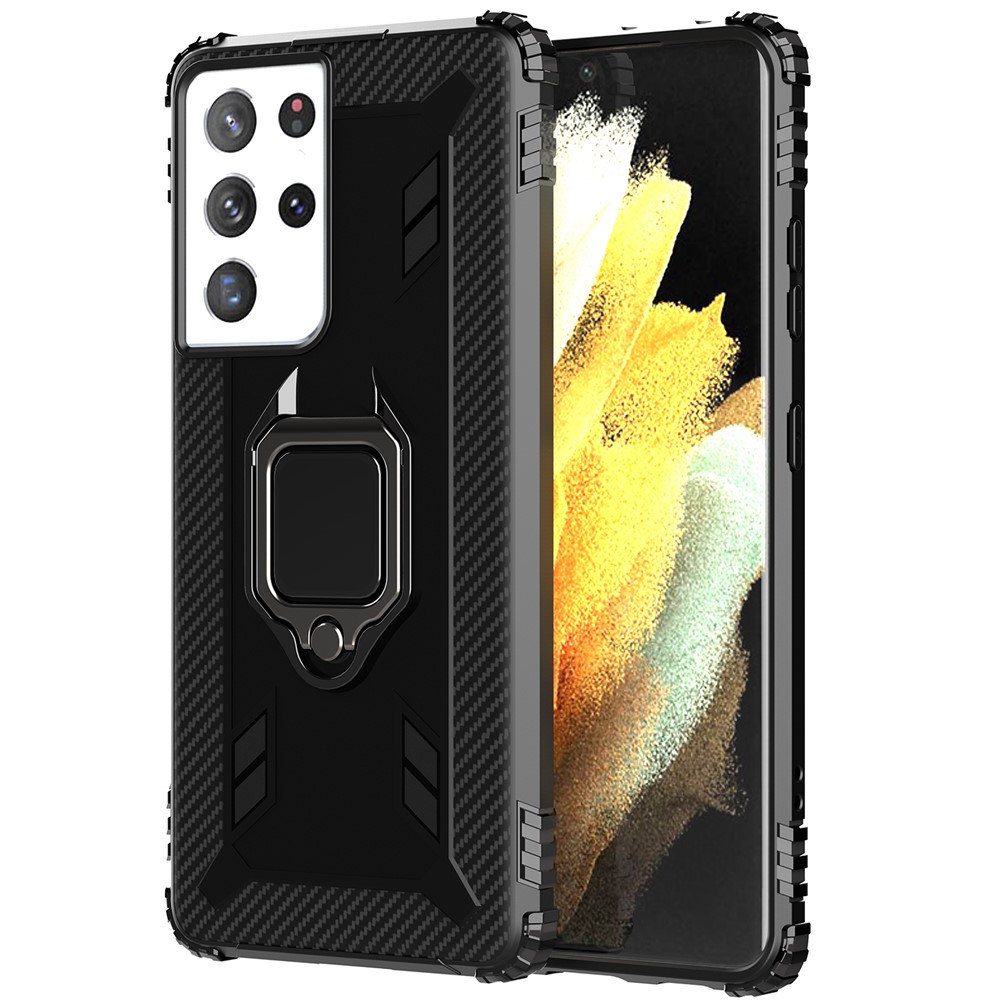 Finger Ring Kickstand TPU Phone Case Protection Cover for Samsung Galaxy S21 Ultra 5G - Black-5