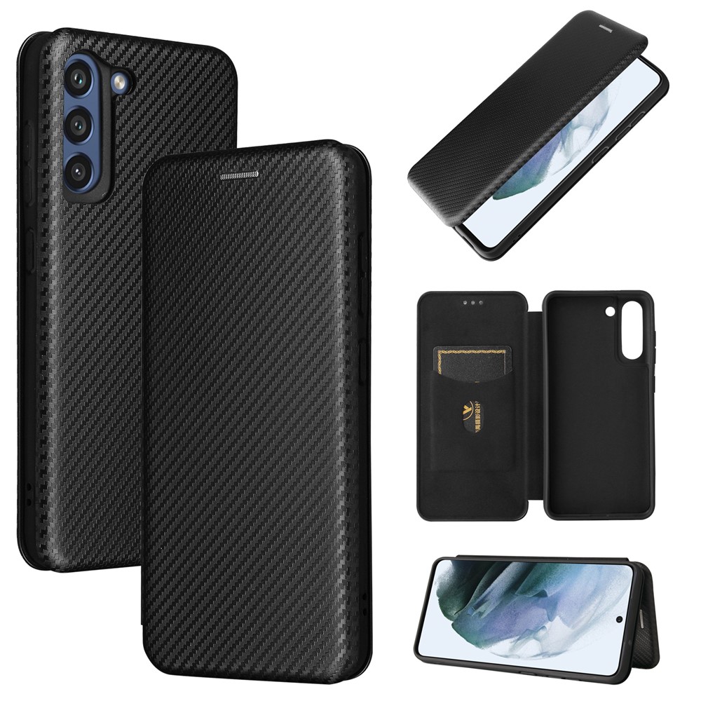 Auto-absorbed Carbon Fiber Texture Shock-proof Leather Case with Card Holder and Ring Strap for Samsung Galaxy S21 FE - Black-13