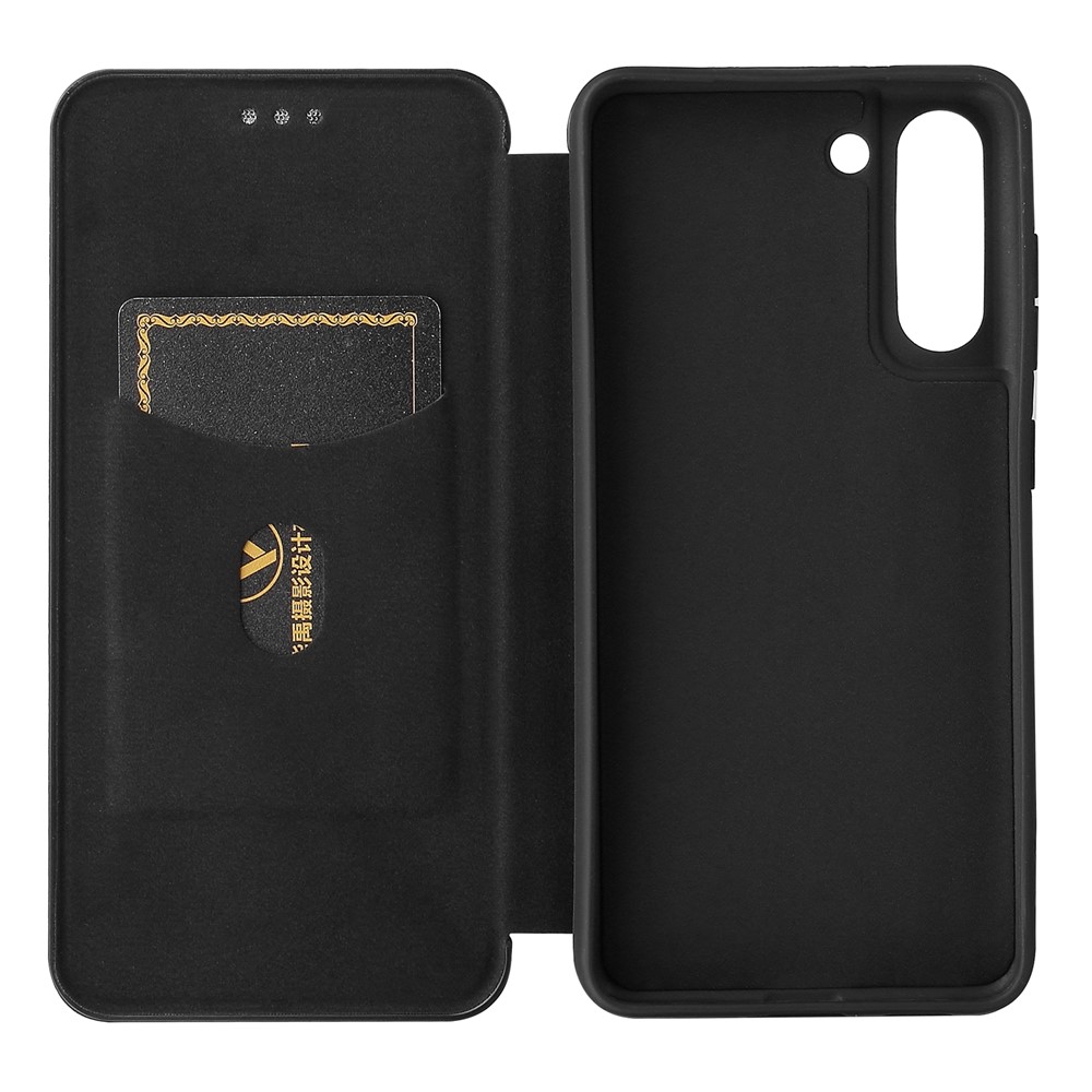 Auto-absorbed Carbon Fiber Texture Shock-proof Leather Case with Card Holder and Ring Strap for Samsung Galaxy S21 FE - Black-4