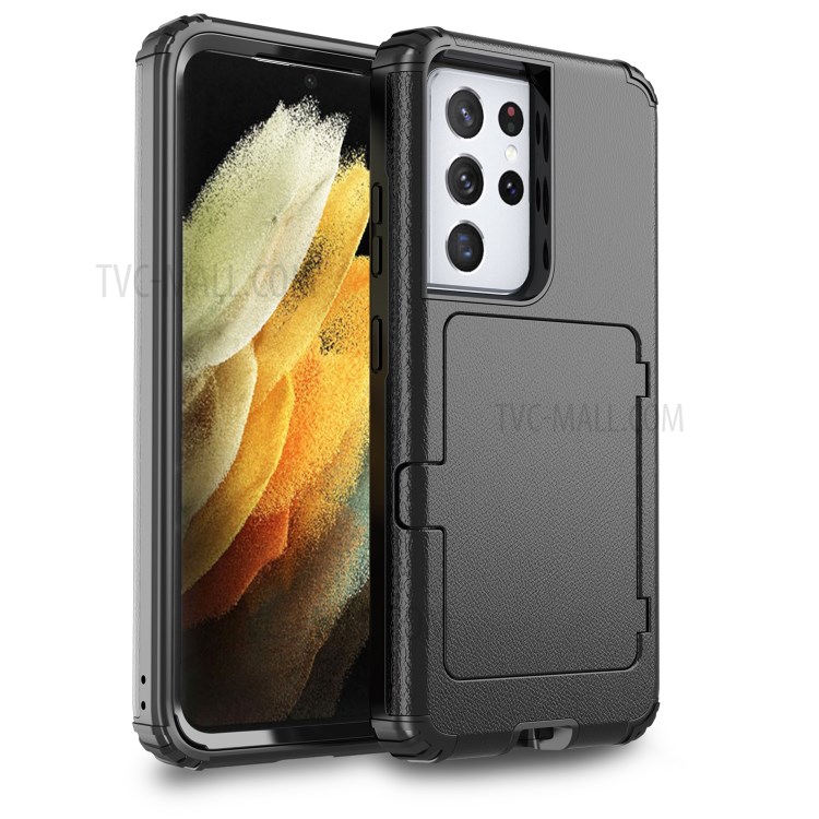 Shockproof PC + TPU Combo Cover Case with Card Holder Mirror for Samsung Galaxy S21 Ultra 5G - Black-12