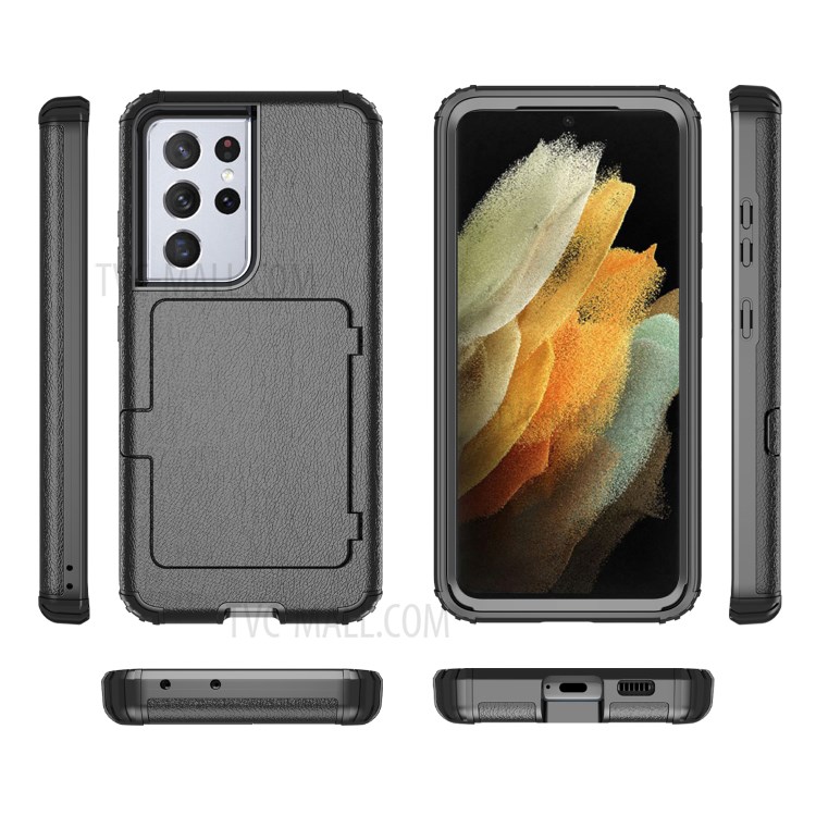 Shockproof PC + TPU Combo Cover Case with Card Holder Mirror for Samsung Galaxy S21 Ultra 5G - Black-13