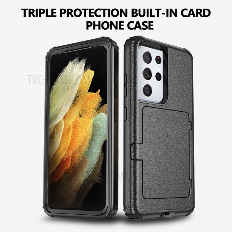 Shockproof PC + TPU Combo Cover Case with Card Holder Mirror for Samsung Galaxy S21 Ultra 5G - Black-2