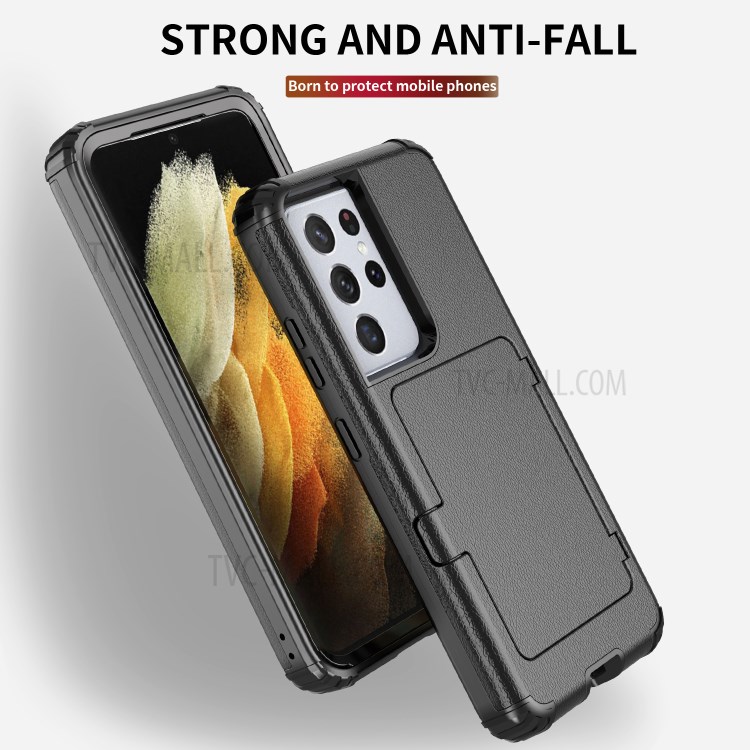Shockproof PC + TPU Combo Cover Case with Card Holder Mirror for Samsung Galaxy S21 Ultra 5G - Black-3