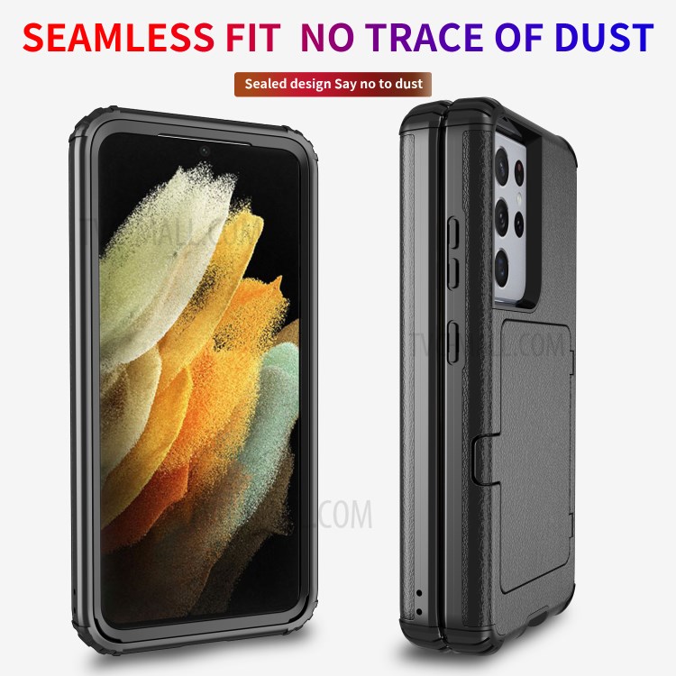 Shockproof PC + TPU Combo Cover Case with Card Holder Mirror for Samsung Galaxy S21 Ultra 5G - Black-4
