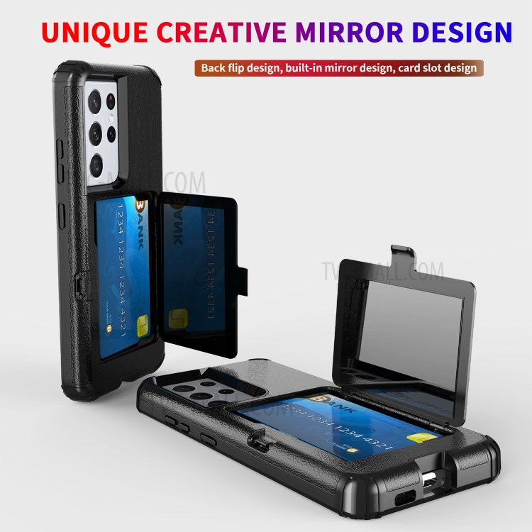 Shockproof PC + TPU Combo Cover Case with Card Holder Mirror for Samsung Galaxy S21 Ultra 5G - Black-5