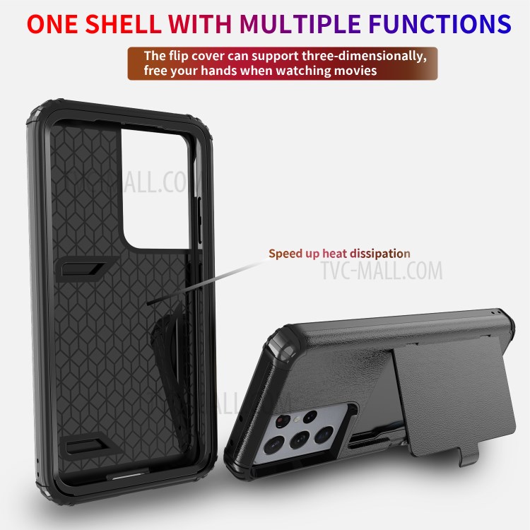 Shockproof PC + TPU Combo Cover Case with Card Holder Mirror for Samsung Galaxy S21 Ultra 5G - Black-8