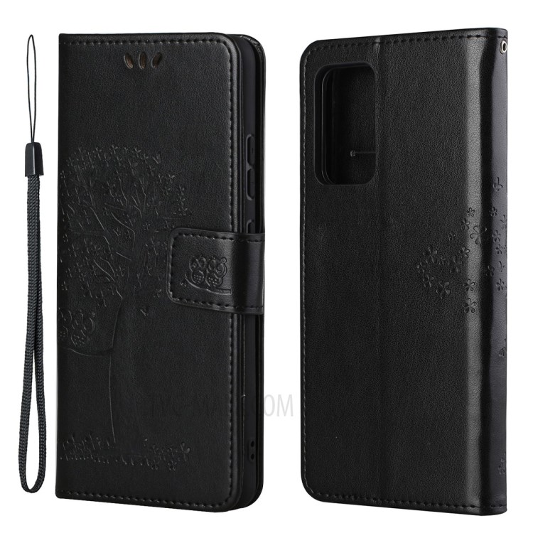 Leather Wallet Stand Phone Cover Case with Owl Tree Pattern Imprint for Samsung Galaxy A82 5G - Black-1