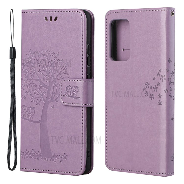 Leather Wallet Stand Phone Cover Case with Owl Tree Pattern Imprint for Samsung Galaxy A82 5G - Purple-1