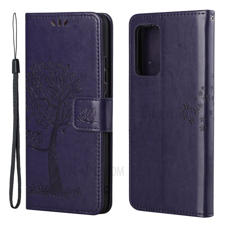 Leather Wallet Stand Phone Cover Case with Owl Tree Pattern Imprint for Samsung Galaxy A82 5G - Dark Purple-1