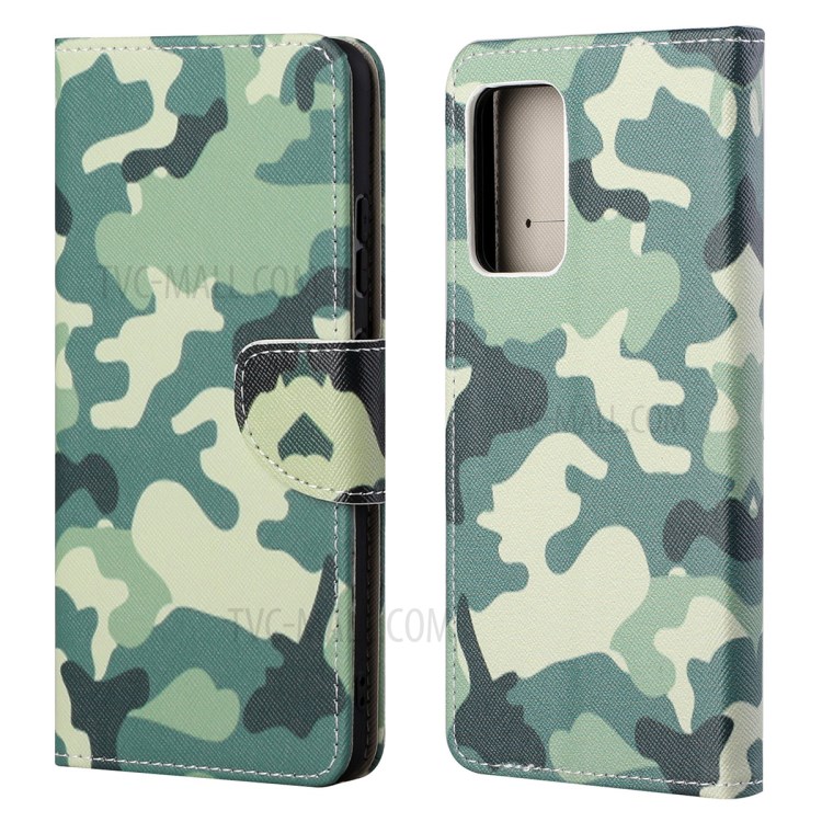 Cross Texture Wallet Design New Pattern Printing Leather Stand Case for Samsung Galaxy A82 5G - Camouflage-1