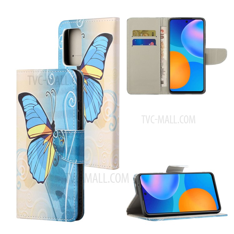Cross Texture Wallet Design New Pattern Printing Leather Stand Case for Samsung Galaxy A82 5G - Blue Butterfly-6