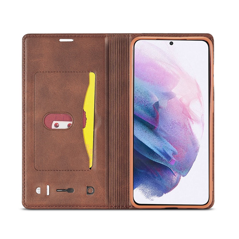 LC.IMEEKE LC-001 Series Full Protection Cover Leather Mobile Phone Case with Card Slots for Samsung Galaxy S21 FE - Brown-11