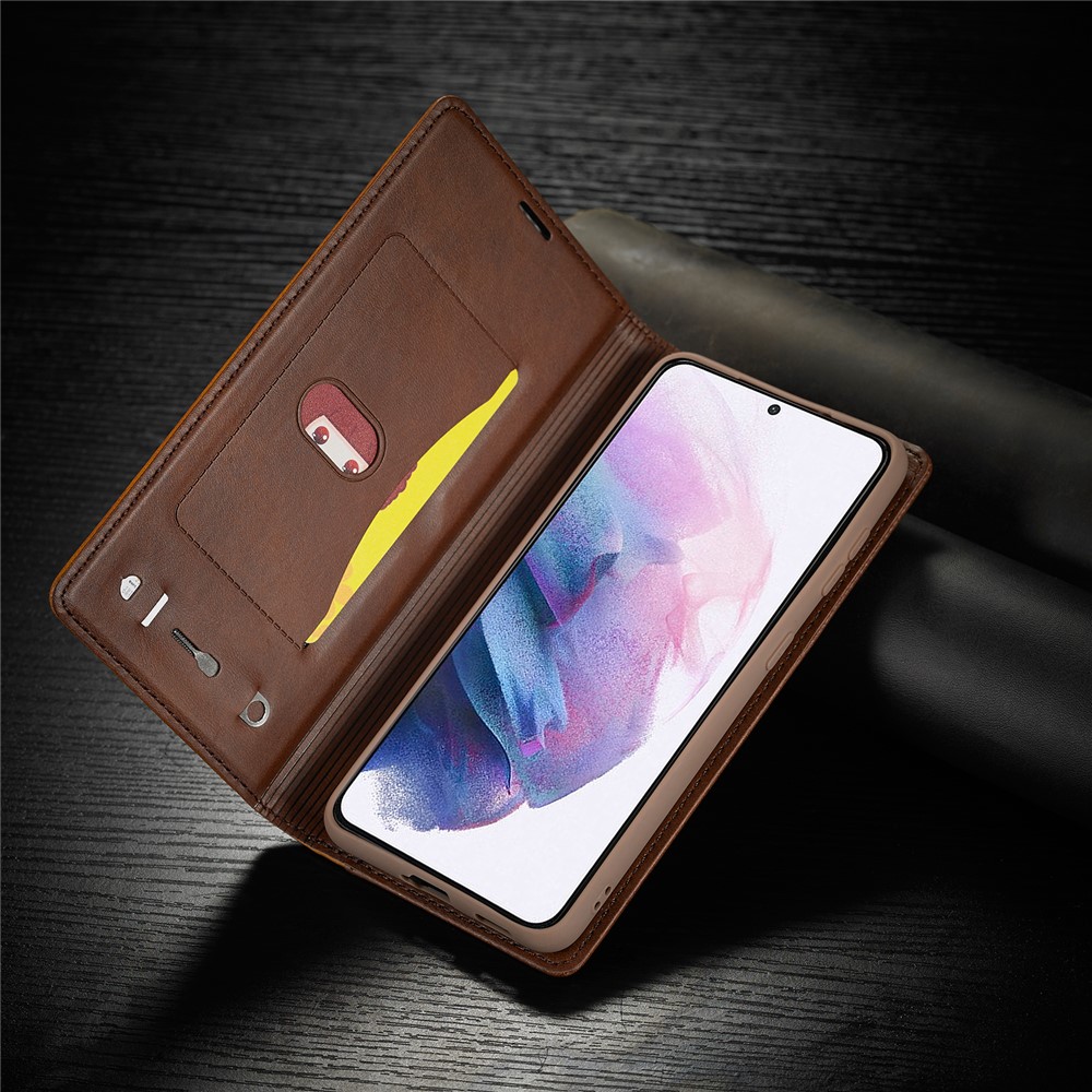 LC.IMEEKE LC-001 Series Full Protection Cover Leather Mobile Phone Case with Card Slots for Samsung Galaxy S21 FE - Brown-2