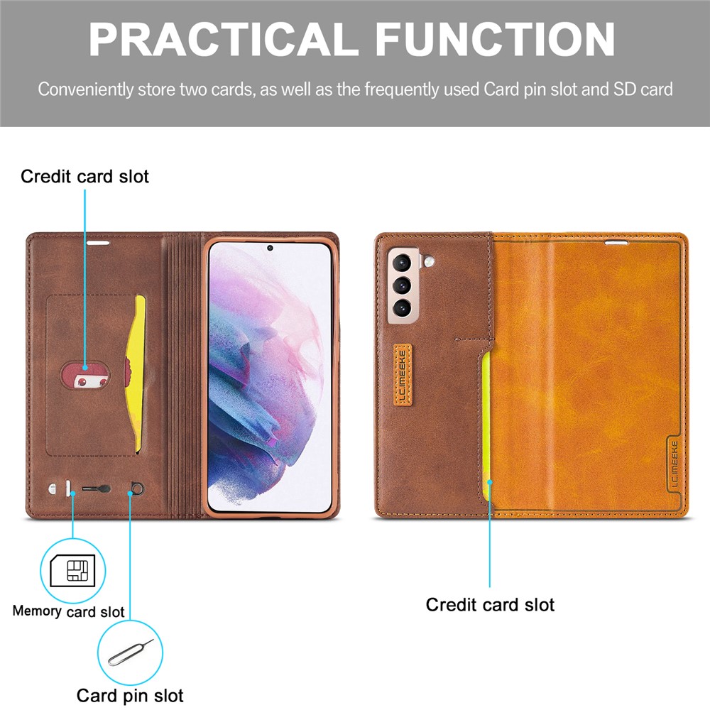 LC.IMEEKE LC-001 Series Full Protection Cover Leather Mobile Phone Case with Card Slots for Samsung Galaxy S21 FE - Brown-4