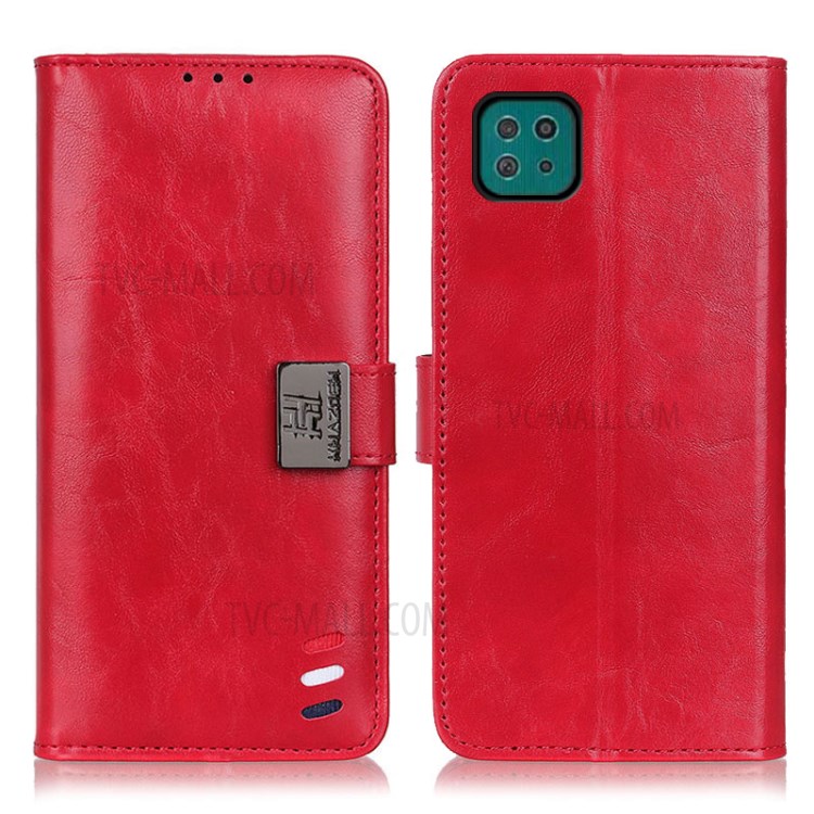 Tri-Color Braid Design Wallet Stand Leather Case Protective Cover for Samsung Galaxy A22 5G (EU Version) - Red-1