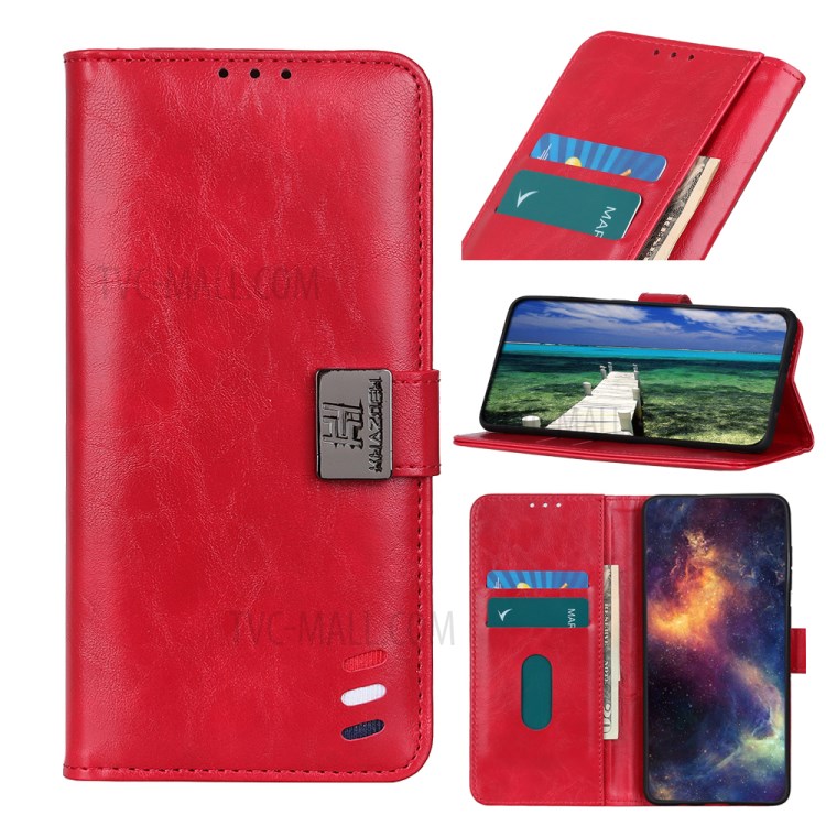 Tri-Color Braid Design Wallet Stand Leather Case Protective Cover for Samsung Galaxy A22 5G (EU Version) - Red-9