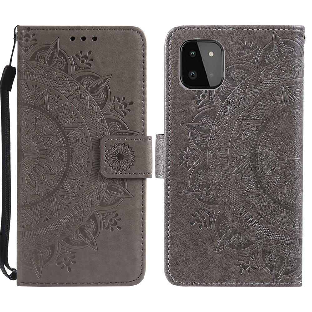Imprinted Mandala Flower Wallet Design Leather Case with Strap for Samsung Galaxy A22 5G (EU Version) - Grey-1