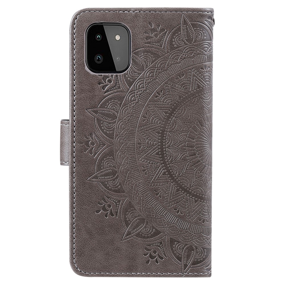 Imprinted Mandala Flower Wallet Design Leather Case with Strap for Samsung Galaxy A22 5G (EU Version) - Grey-3