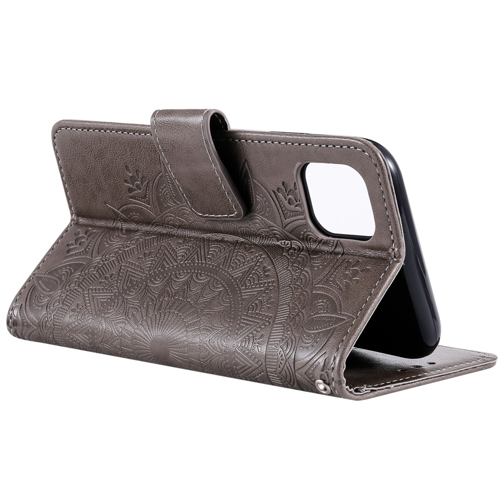 Imprinted Mandala Flower Wallet Design Leather Case with Strap for Samsung Galaxy A22 5G (EU Version) - Grey-5