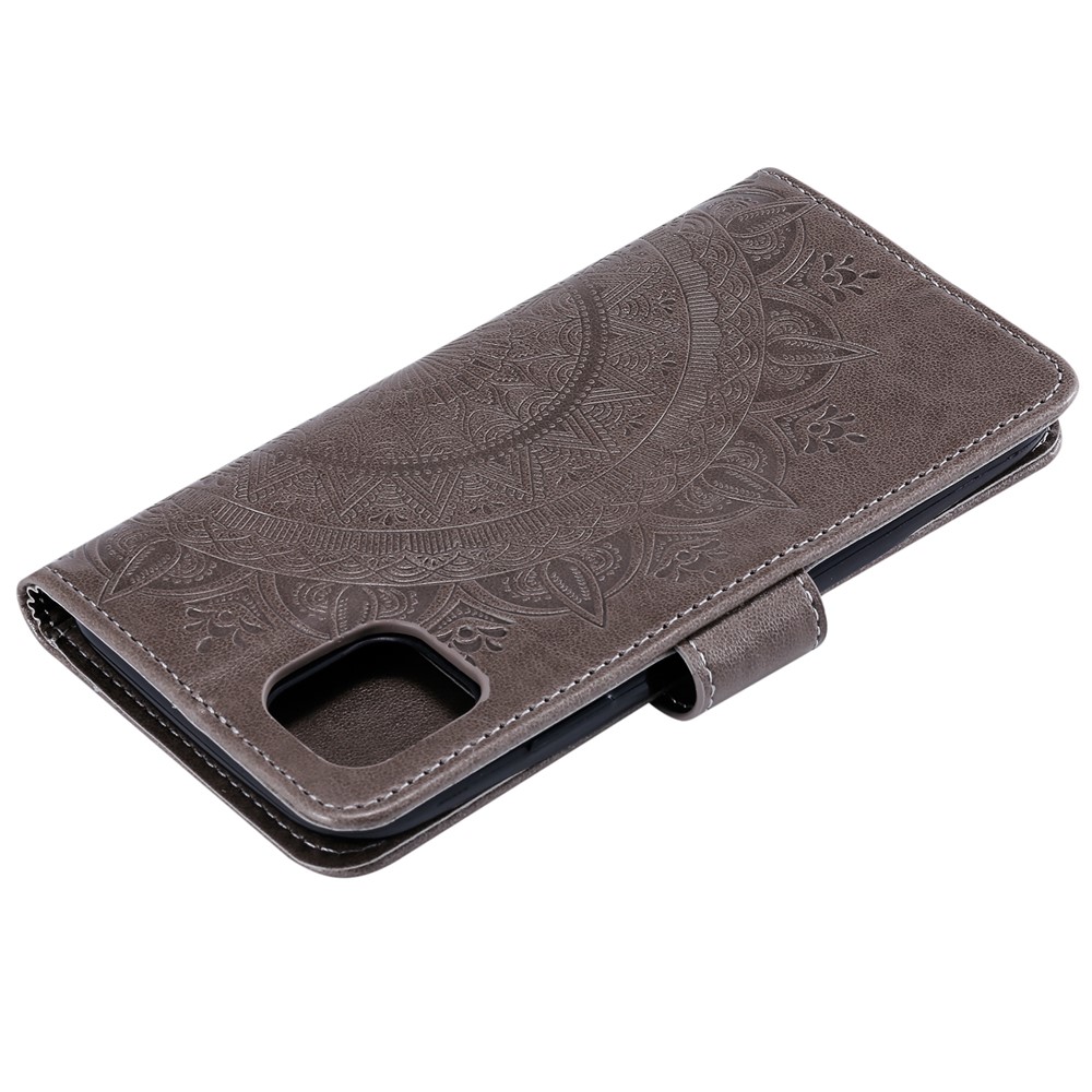 Imprinted Mandala Flower Wallet Design Leather Case with Strap for Samsung Galaxy A22 5G (EU Version) - Grey-7