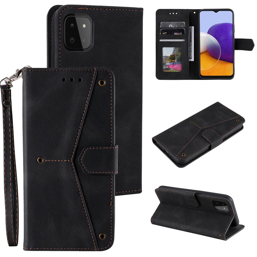 Splicing Stitching Skin-touch PU Leather Case Stand Protector Cover for Samsung Galaxy A22 5G (EU Version) - Black-7