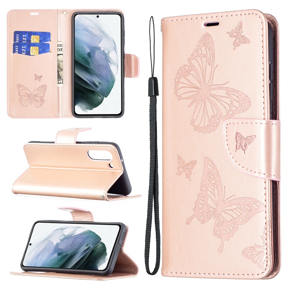 Empreinte de Support de Portefeuille de Papillons Pour Samsung Galaxy S21 fe - or Rose-9