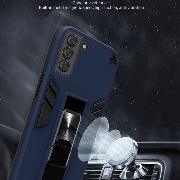 2nd Generation PC + TPU Hybrid Case with Folding Kickstand + Built-in Metal Sheet for Samsung Galaxy S21+ 5G - Dark Blue-5