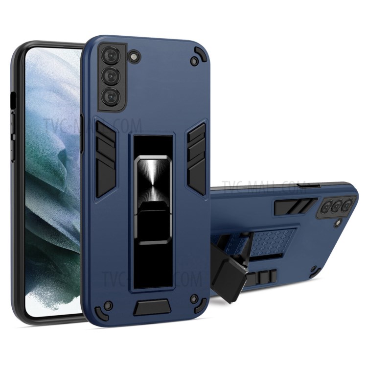 Folding Kickstand Design 2nd Generation PC + TPU Hybrid Case with Magnetic Metal Sheet for Samsung Galaxy S21 5G - Dark Blue-1