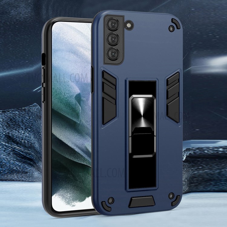 Folding Kickstand Design 2nd Generation PC + TPU Hybrid Case with Magnetic Metal Sheet for Samsung Galaxy S21 5G - Dark Blue-2