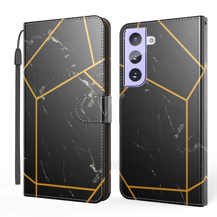 Marble Pattern Printing Leather Cover for Samsung Galaxy S21 FE Wallet Stand Phone Case - Black / Gold-1
