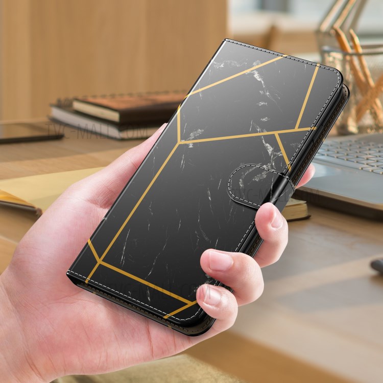 Marble Pattern Printing Leather Cover for Samsung Galaxy S21 FE Wallet Stand Phone Case - Black / Gold-4
