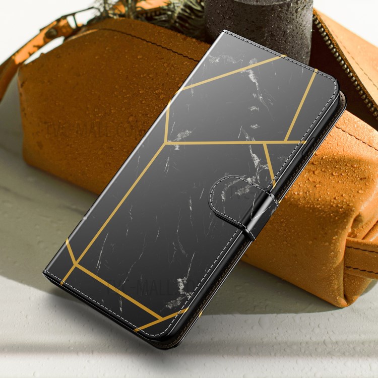 Marble Pattern Printing Leather Cover for Samsung Galaxy S21 FE Wallet Stand Phone Case - Black / Gold-8