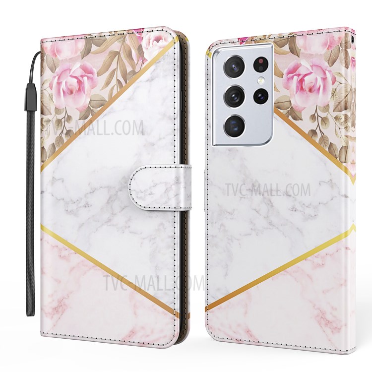 Marble Pattern Print Wallet Stand Design Shockproof Leather Phone Shell Case for Samsung Galaxy S21 Ultra 5G - Rose-1