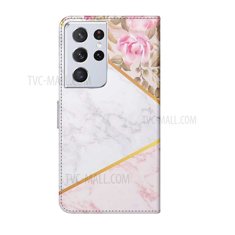 Marble Pattern Print Wallet Stand Design Shockproof Leather Phone Shell Case for Samsung Galaxy S21 Ultra 5G - Rose-3